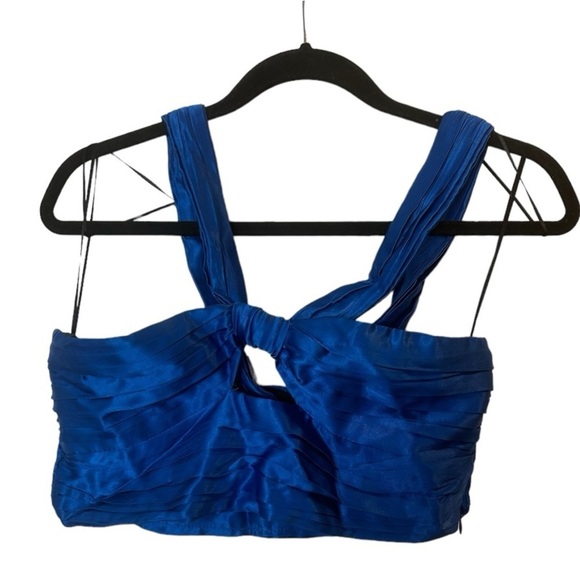 4/$20 Zara pleated cropped key hole knot blouse metallic royal blue- BNWT - Picture 5 of 8